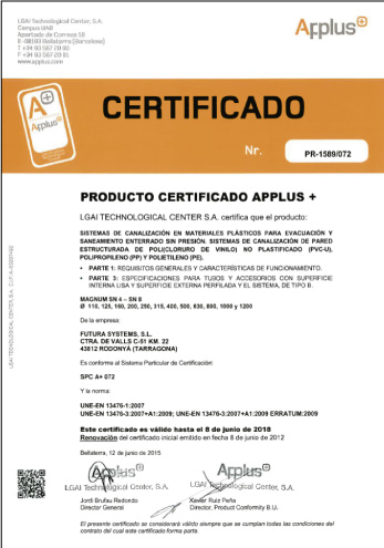 Certificado APPLUS de Calidad de Producto MAGNUM SN4-SN8
