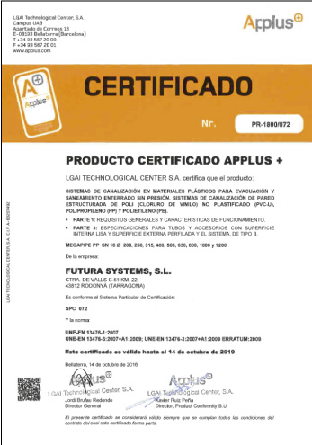 Certificado APPLUS de Calidad de Producto MEGAPIPE SN16