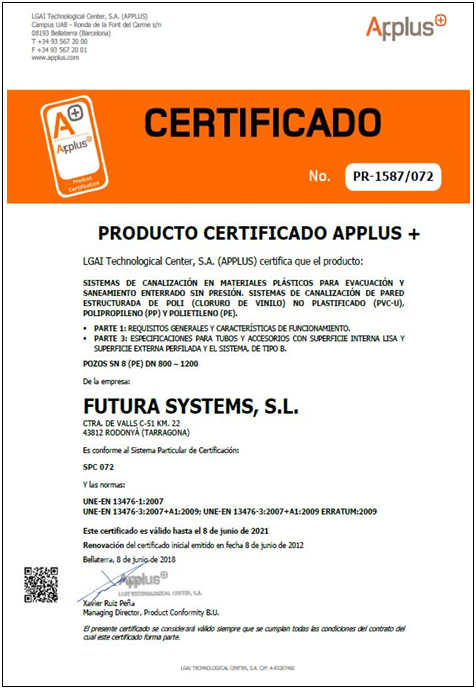 Certificado APPLUS de Calidad de Producto POZOS MAGNUM