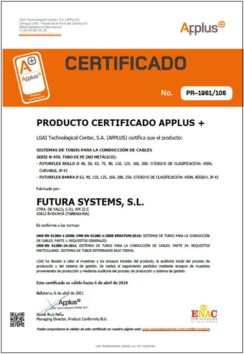 Certificado APPLUS de Calidad de Producto FUTURFLEX