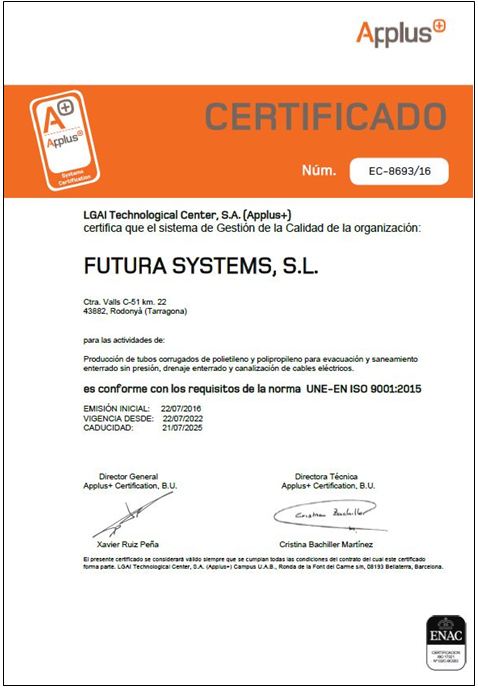 Certificado APPLUS de Sistema de Gestión de Calidad ISO 9001
