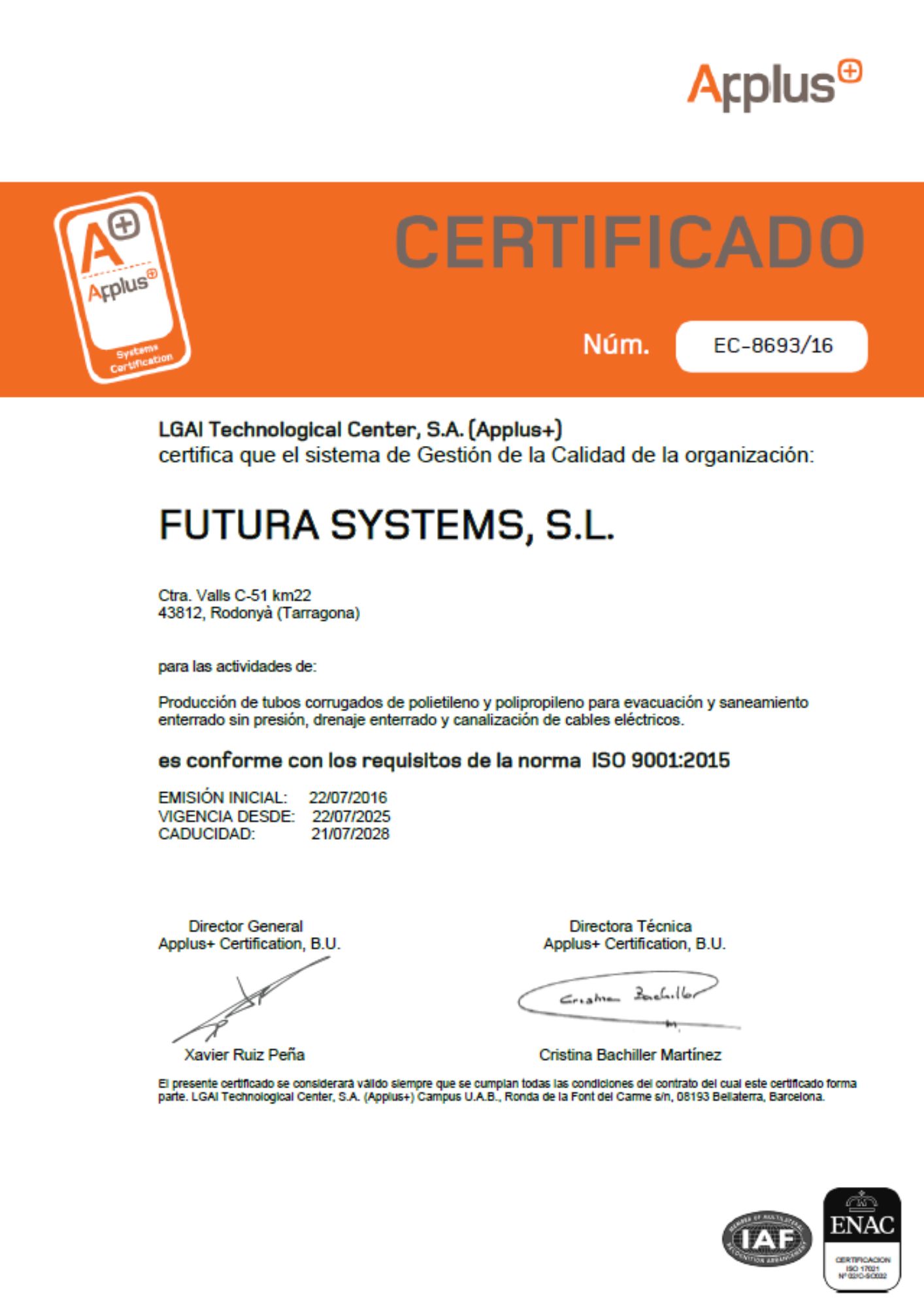 Certificado APPLUS de Sistema de Gestión de Calidad ISO 9001