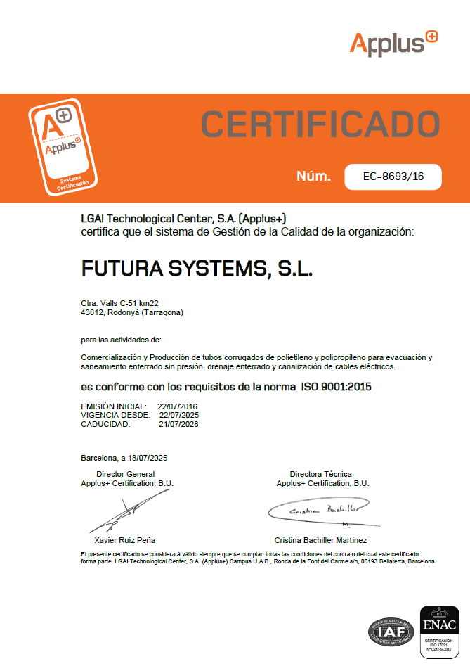 Certificado APPLUS de Sistema de Gestión de Calidad ISO 9001
