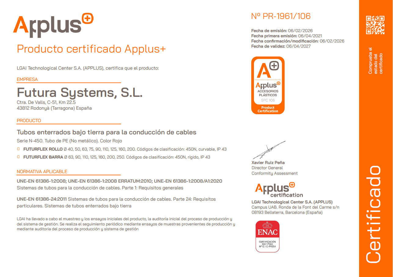 Certificado APPLUS de Calidad de Producto FUTURFLEX