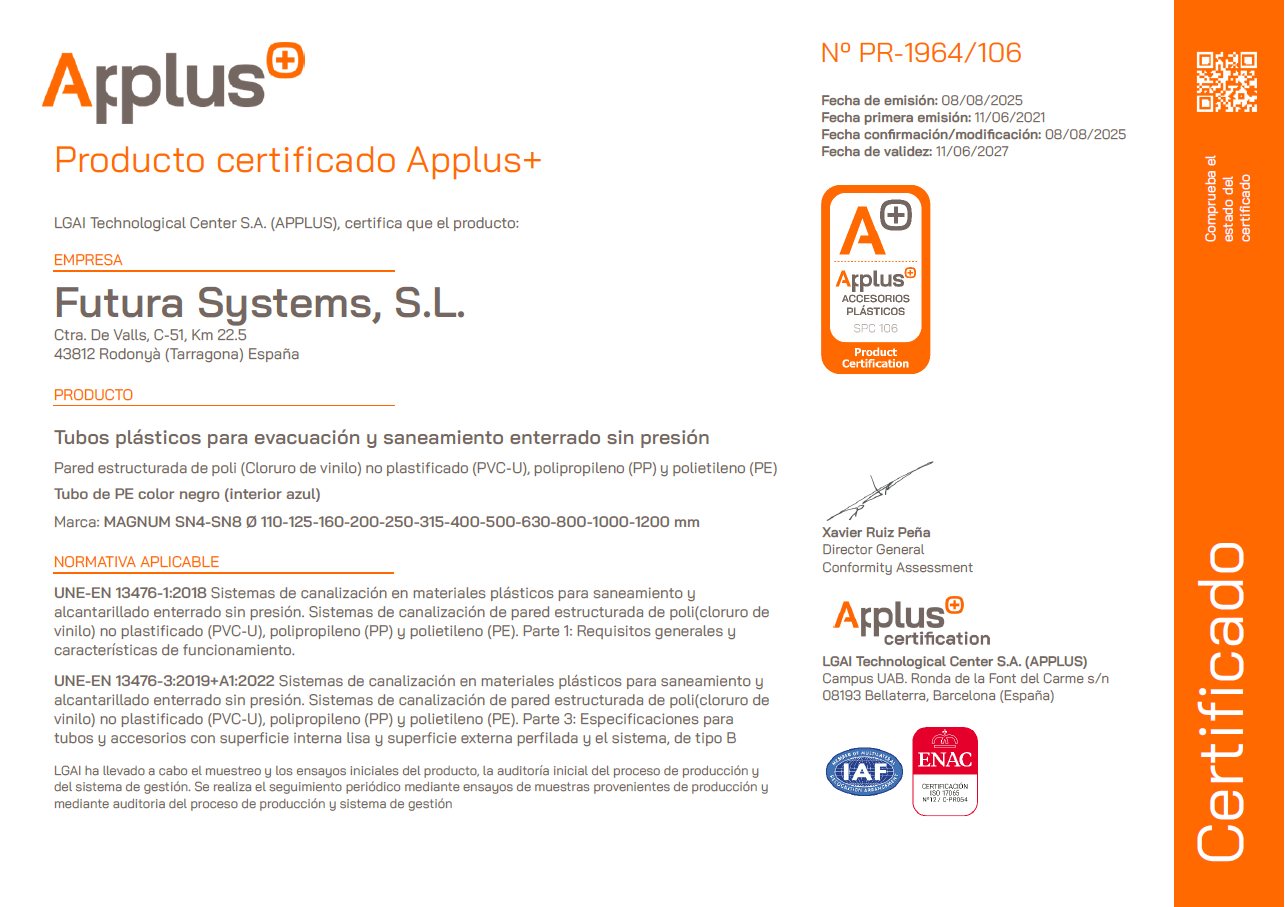 Certificado APPLUS de Calidad de Producto MAGNUM SN4-SN8