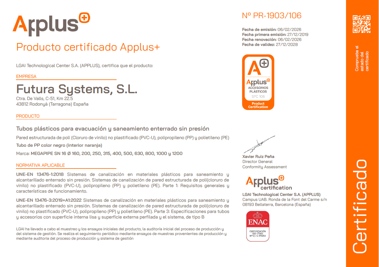 Certificado APPLUS de Calidad de Producto MEGAPIPE SN16